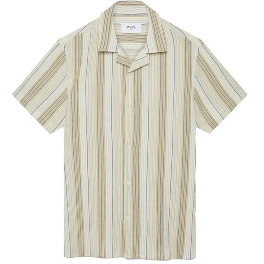 NWT Wax London Crinkle Vertical Stripe Didcot Short Sleeve Shirt in Navy Mustard